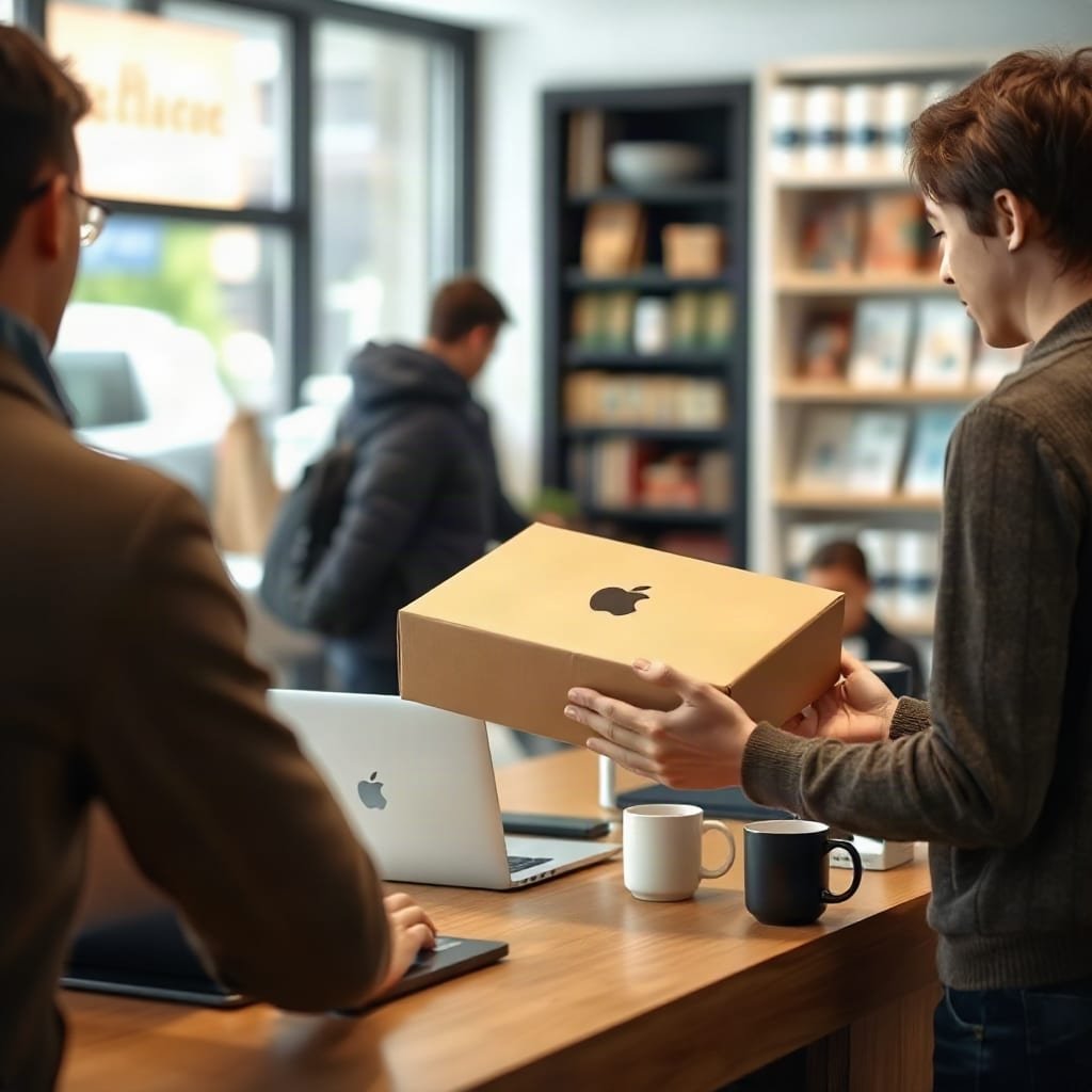 A customer returns an opened parcel across a counter to a shop owner.