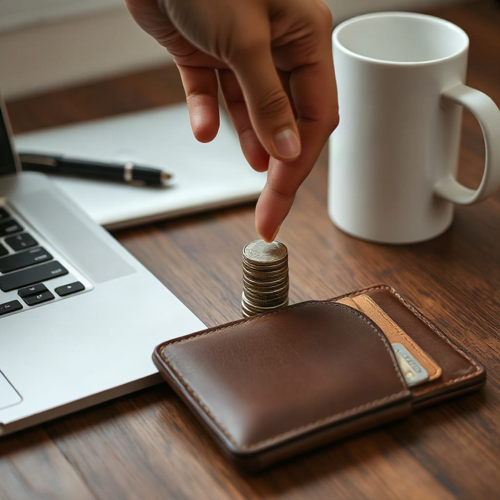 A hand places a small stack of coins beside an open wallet and a closed laptop on a wooden desk.