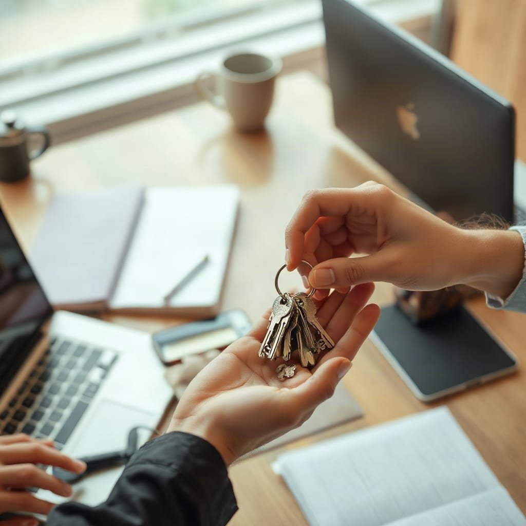 A hand takes one brass key off a key ring and passes it to a colleague's open palm across a desk.