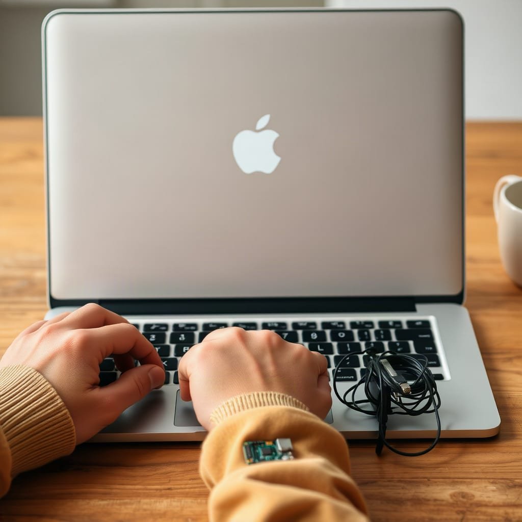 A pair of hands rests on a keyboard next to a closed laptop and a small circuit board on the desk.