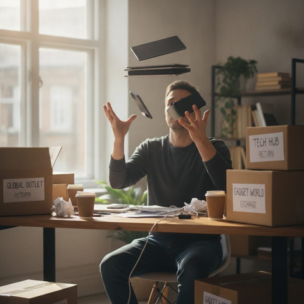 A person at a cluttered desk surrounded by several closed tablets, phones, and shipping boxes for different stores.