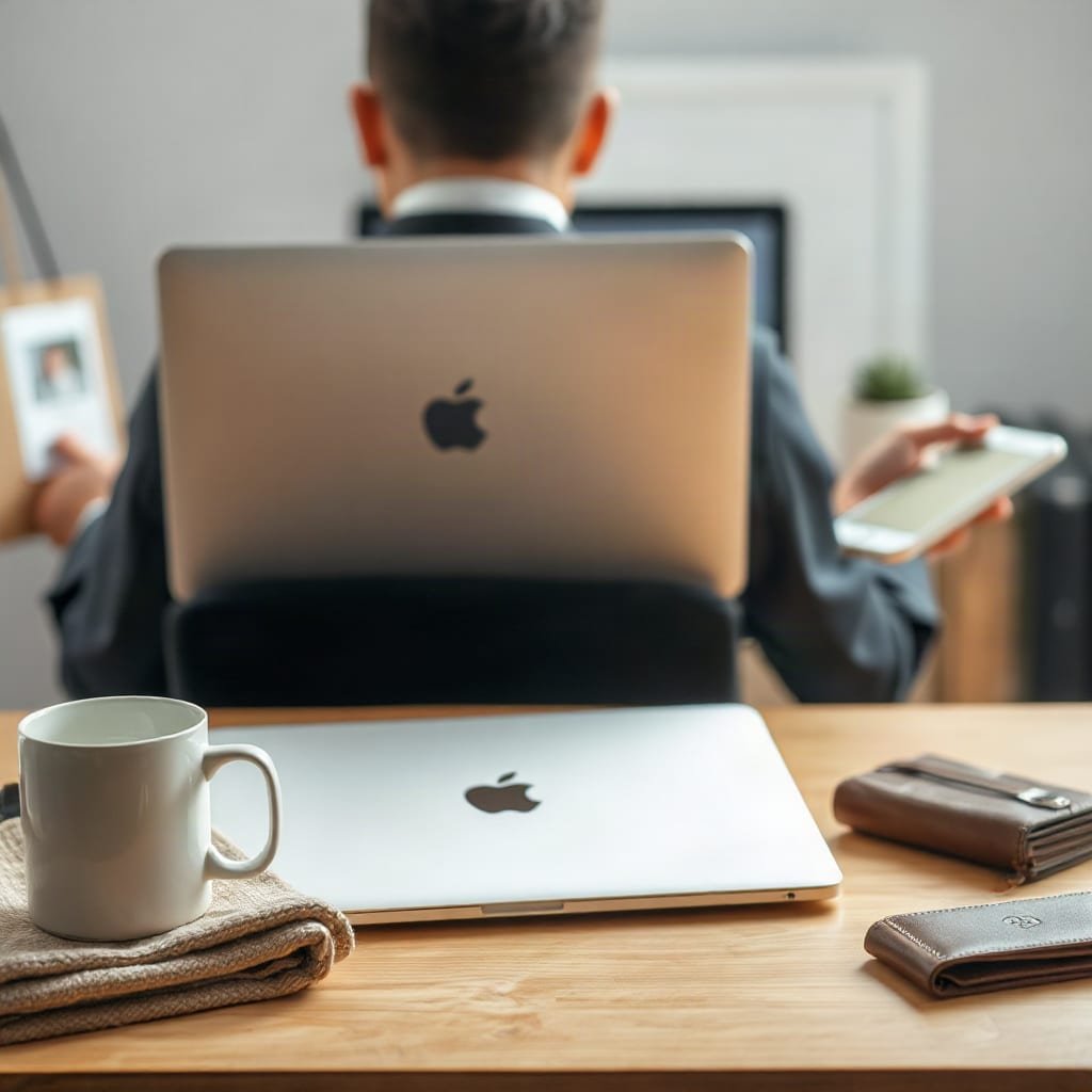 A person at a desk with a laptop seen from behind, surrounded by a ceramic mug, a folded sweater and a leather wallet.