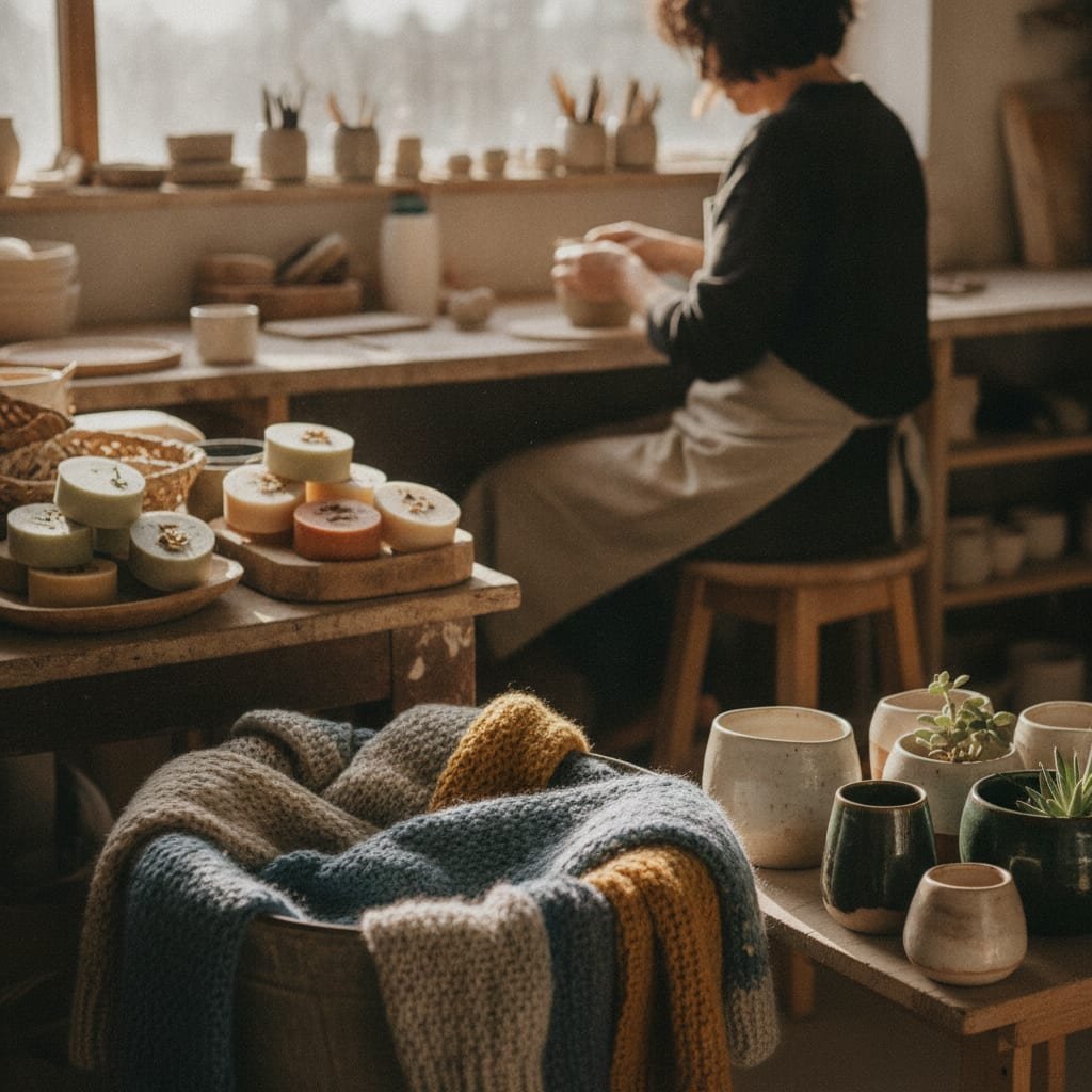 A person at one workbench surrounded by three separate groups of products: soaps, knitted scarves and ceramic planters.