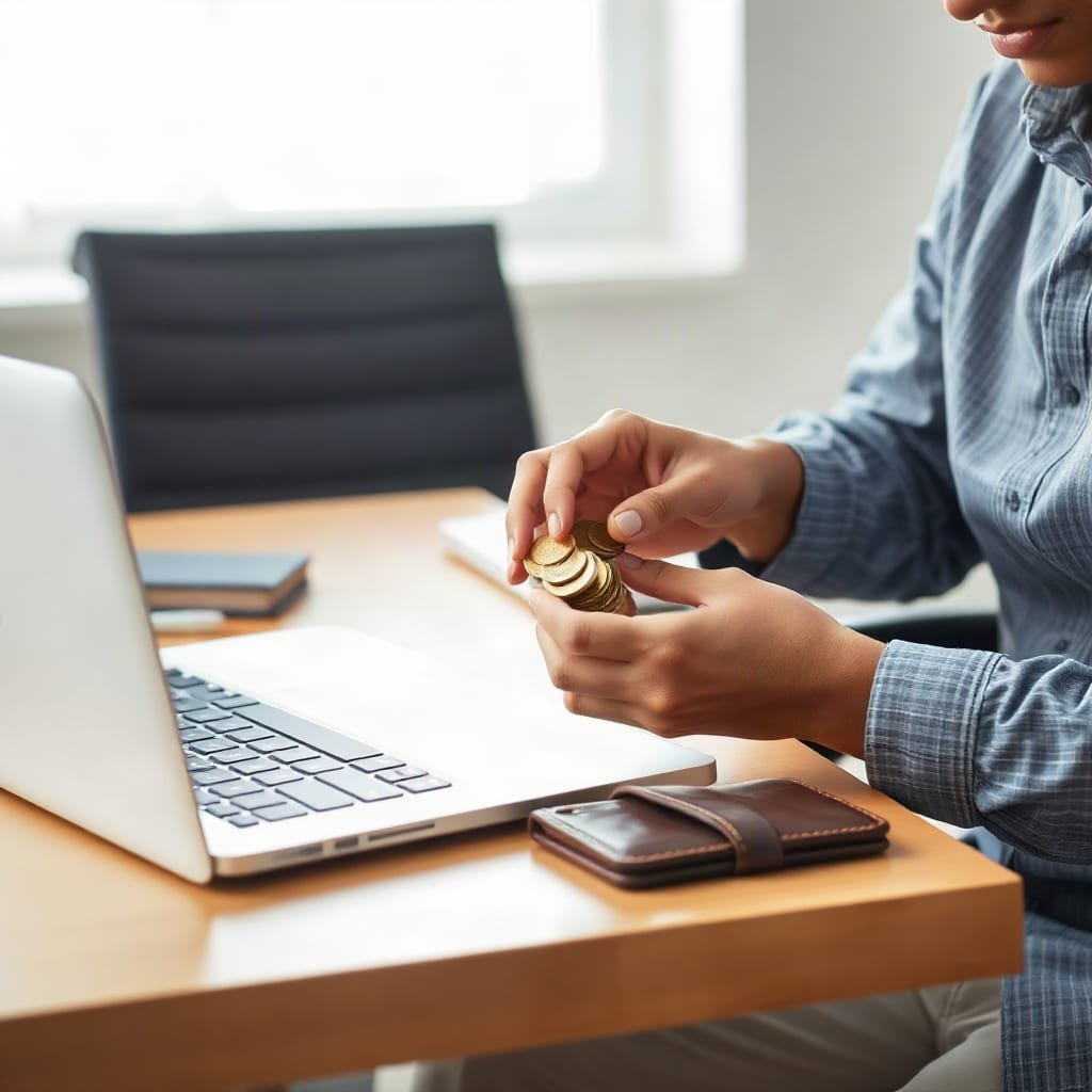A person counting coins next to an open wallet at a desk, with an empty chair beside them.