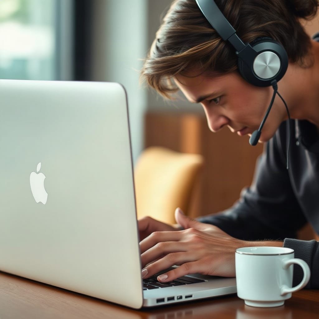 A person in a headset typing quickly at a laptop seen from behind, with a cup of coffee on the desk.