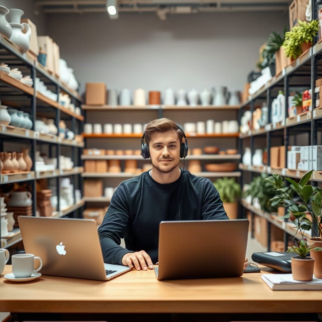 A person in a headset works at one desk in a stockroom with shelves of ceramics, candles, clothing and potted plants.