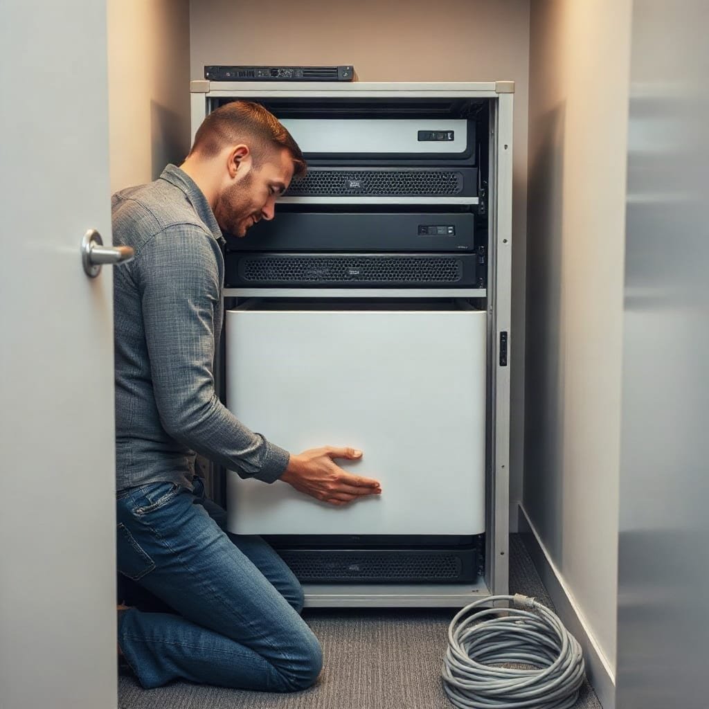 A person installing a server unit into a small rack in an office closet, with bundled cables beside it.