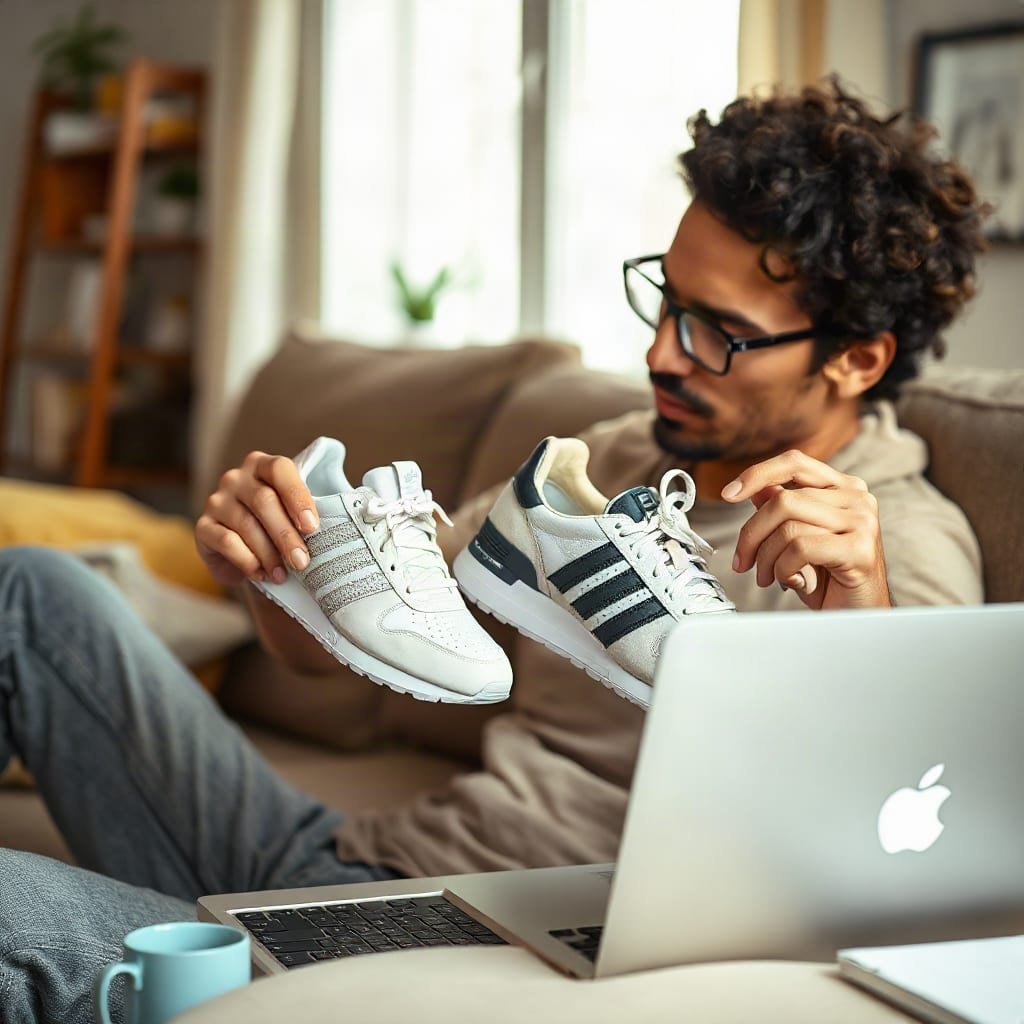 A person on a sofa compares two sneakers held side by side, looking undecided.