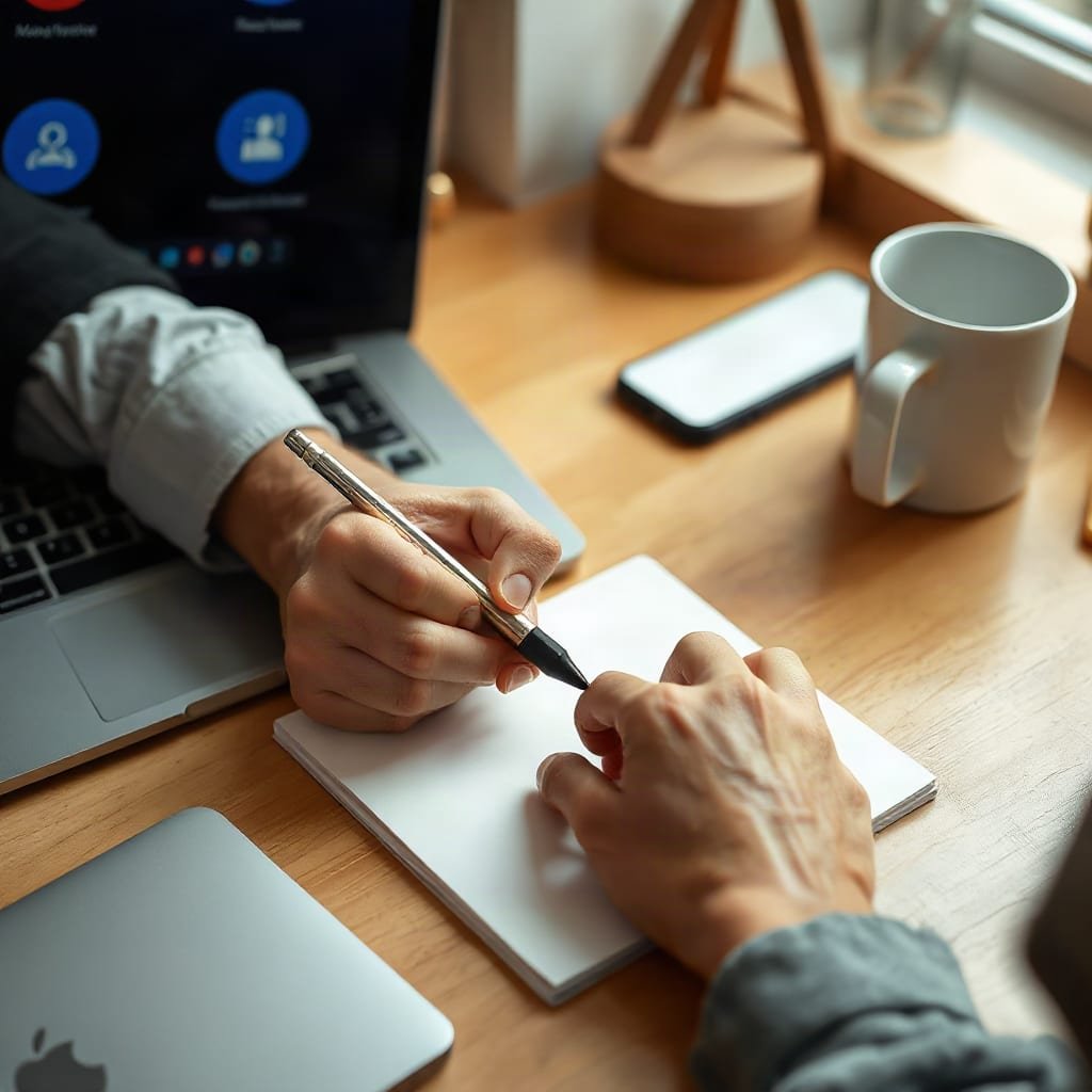 A person writes with a pen on a blank notepad at a tidy desk.