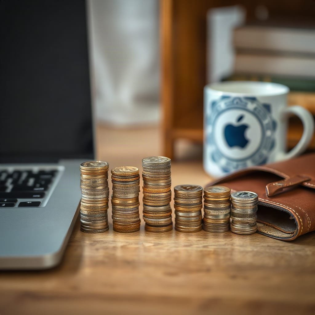 A row of coin stacks of increasing height beside an open leather wallet on a wooden desk.