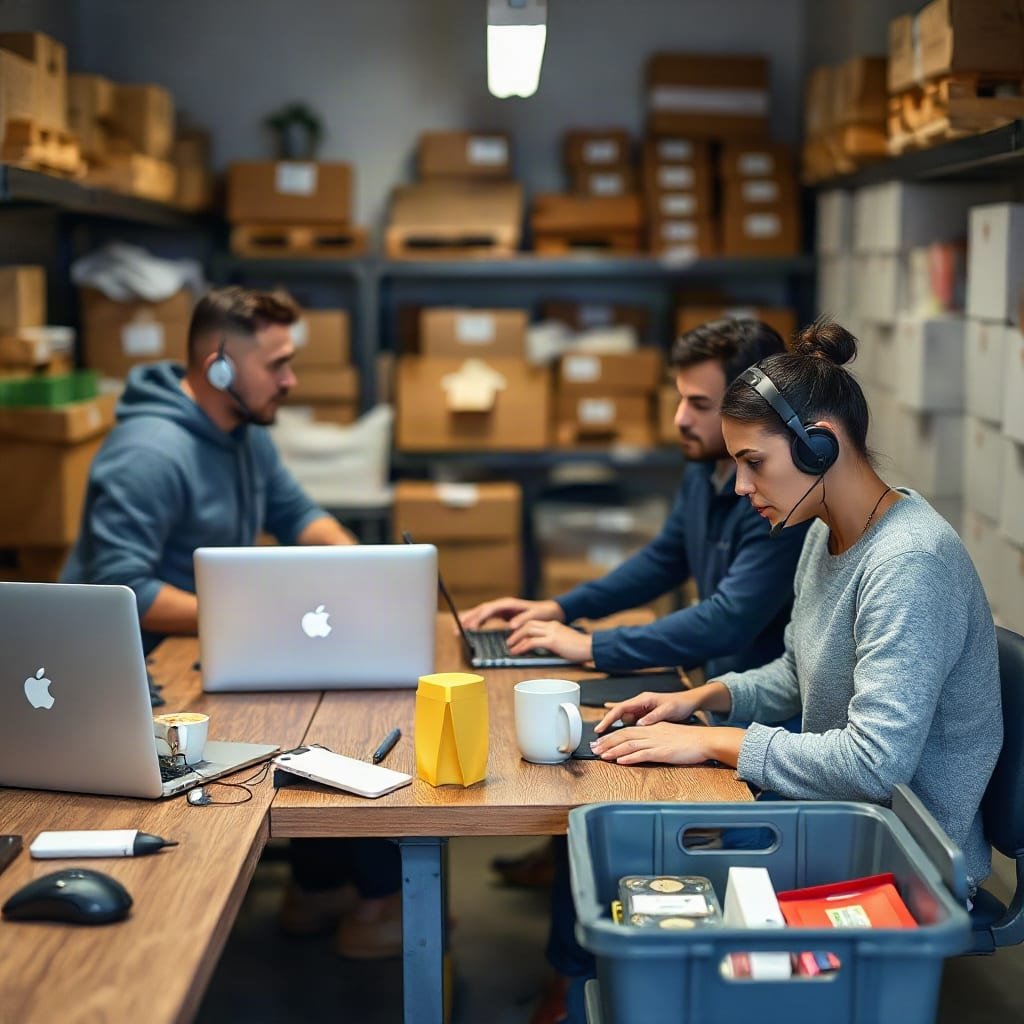 A small team works at a shared bench in a stockroom, one person talking on a headset while two others sort jewelry, soaps and tea tins into bins.