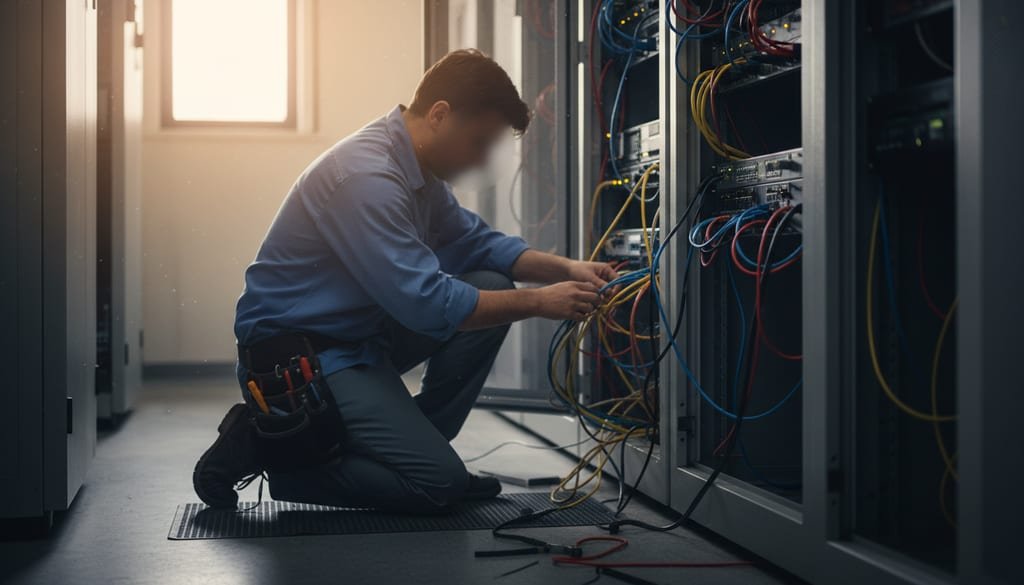 A technician kneeling beside an open server rack, adjusting cables in a small server room.