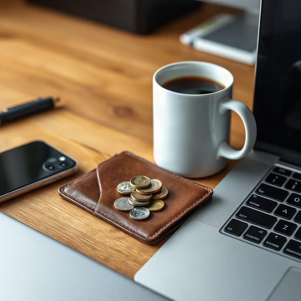 Coins stacked next to an open leather wallet and a coffee mug on a wooden desk.
