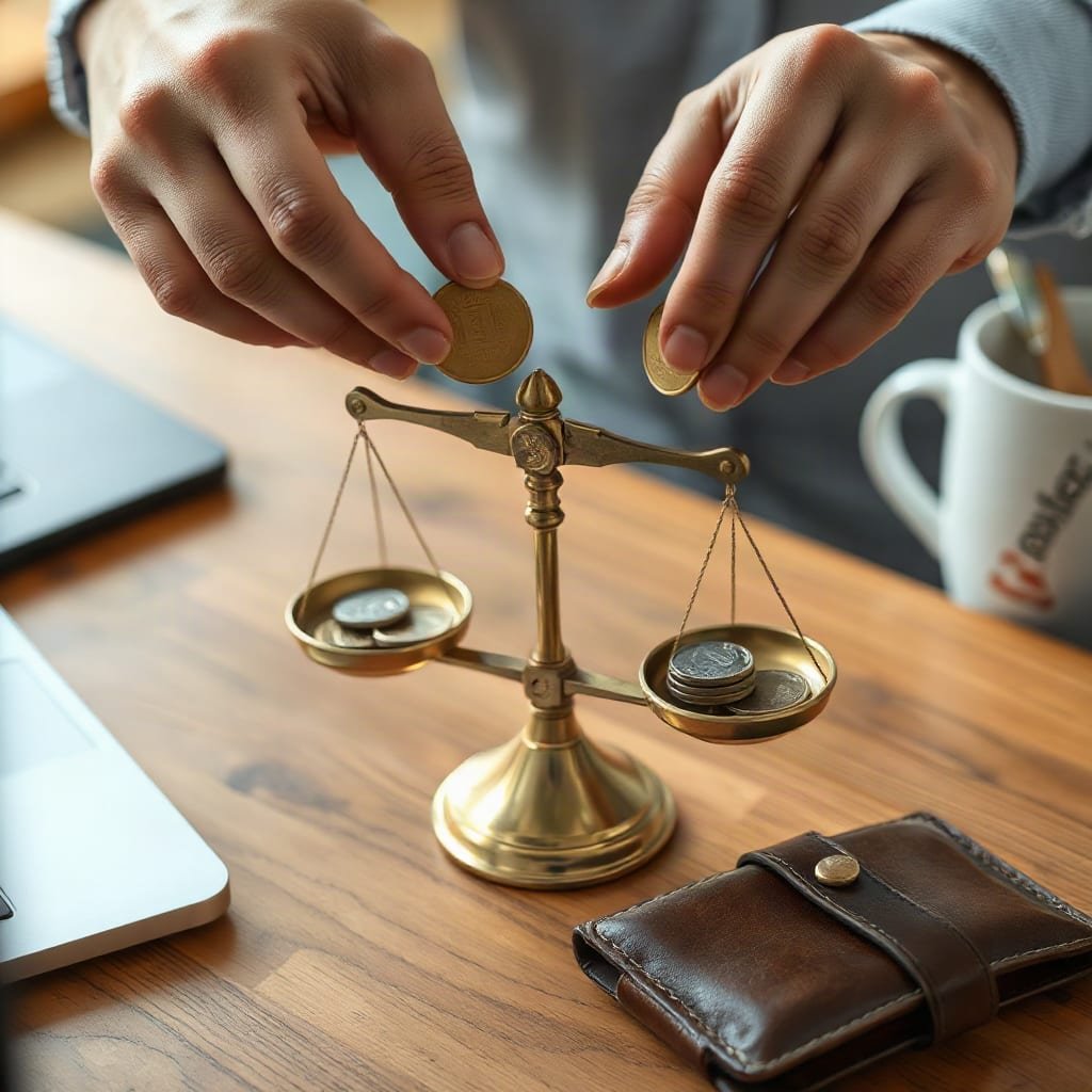 Hands add coins to one side of a brass balance scale next to a leather wallet on a wooden table.