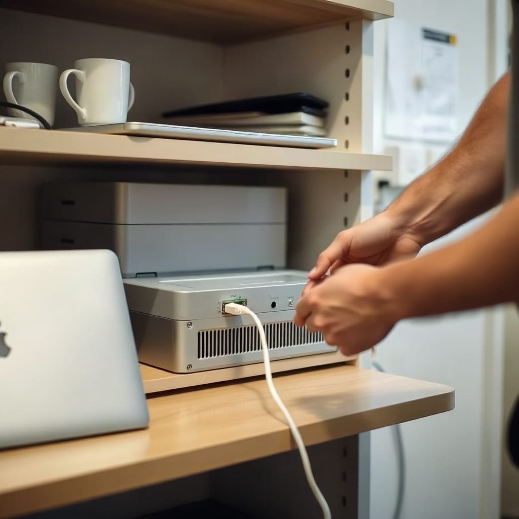 Hands connect a network cable to a small server on an office shelf beside a closed laptop.