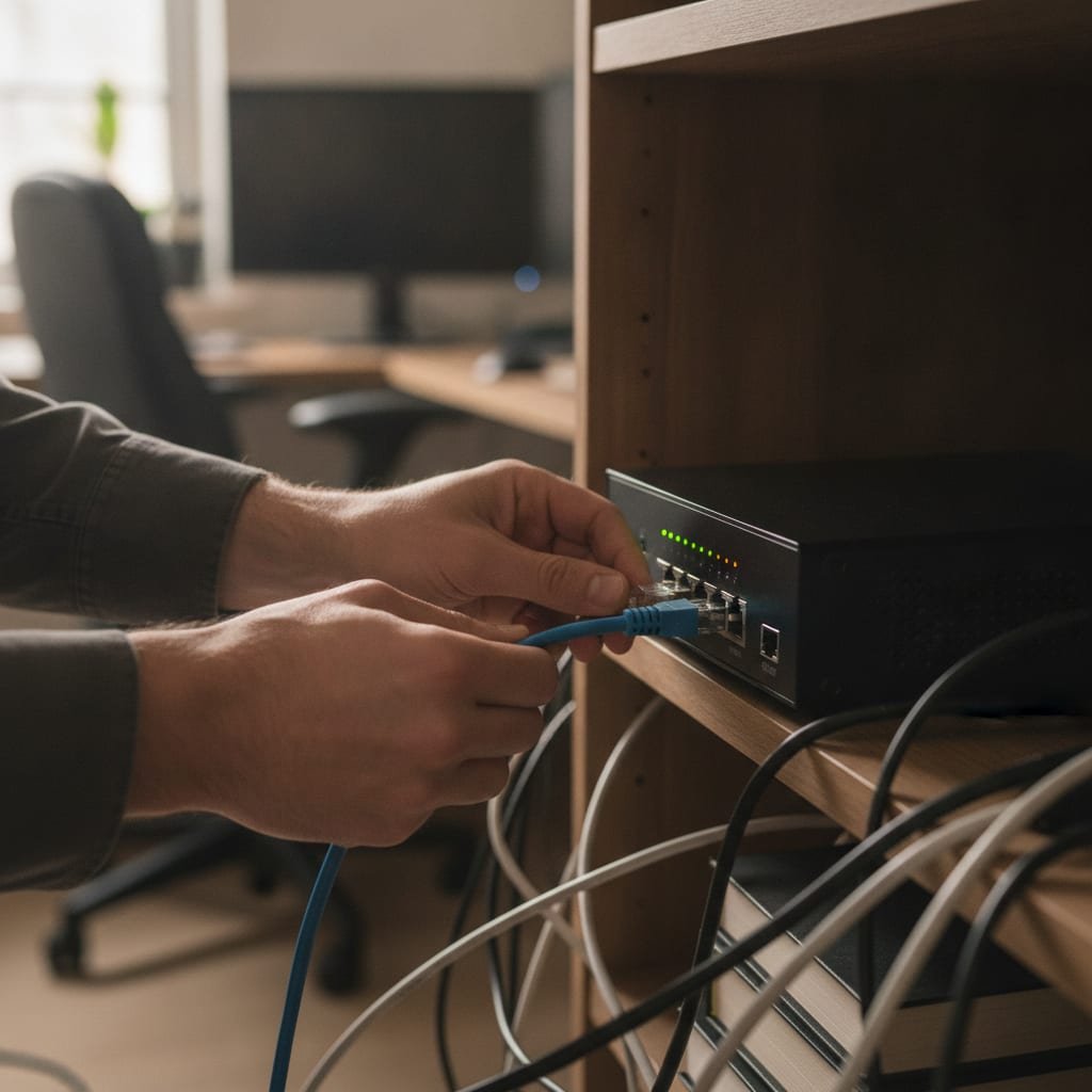 Hands connecting a network cable to a small server on a shelf, with a screwdriver and cables beside it.