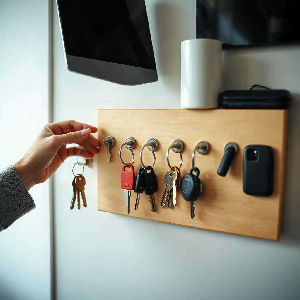 Hands hanging separate rings of keys onto individual hooks on a wooden key board.