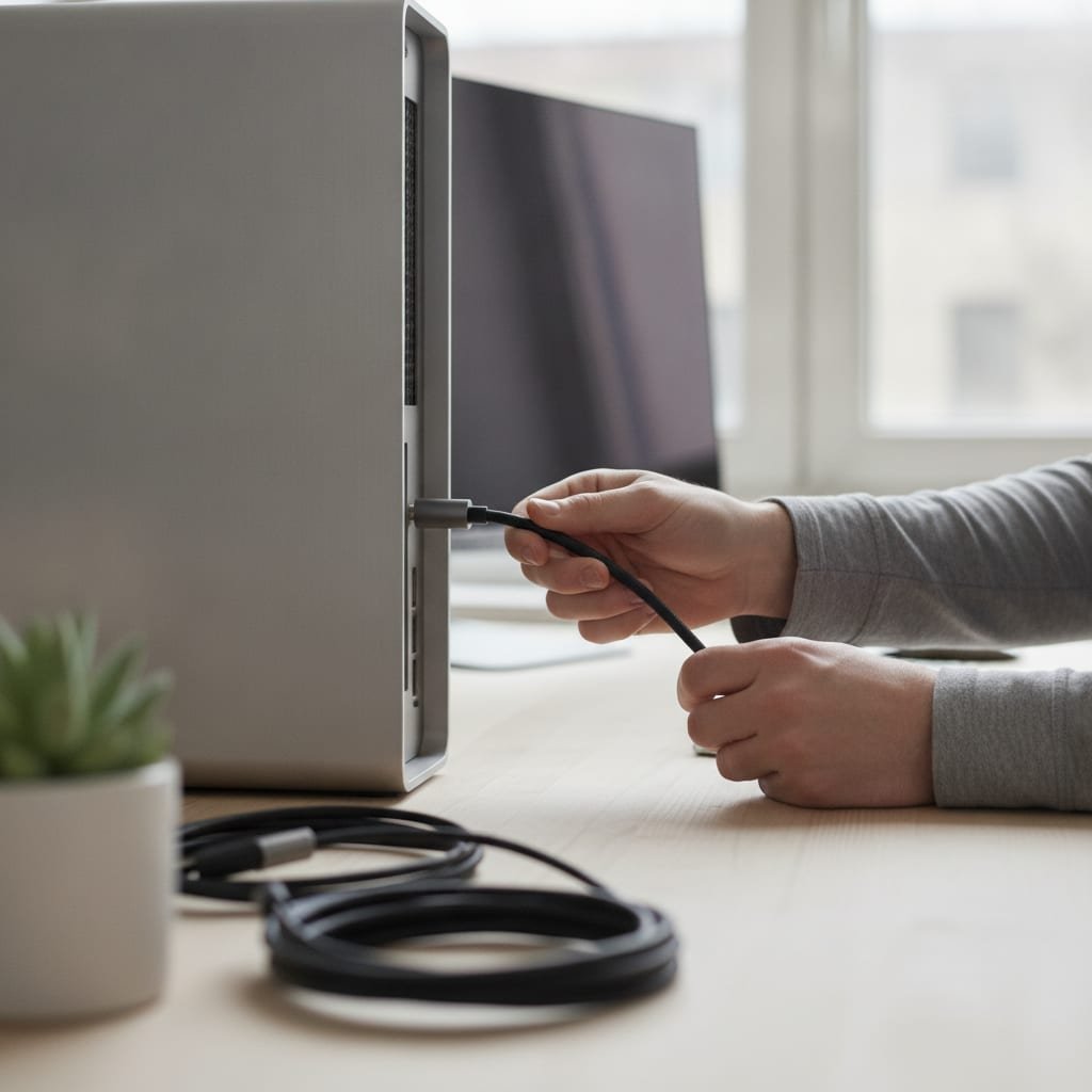 Hands plugging a cable into the back of a desktop computer tower on an office desk.