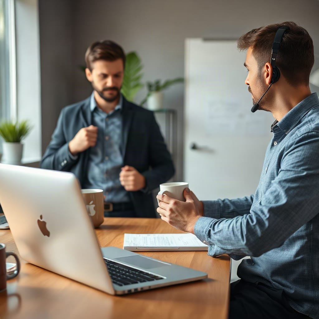 One person puts on a jacket while a colleague sits down at a shared desk and puts on a headset.