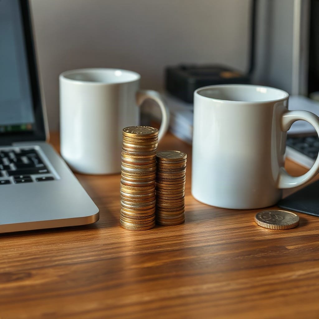 One short stack of coins next to four taller stacks of coins on a wooden desk.