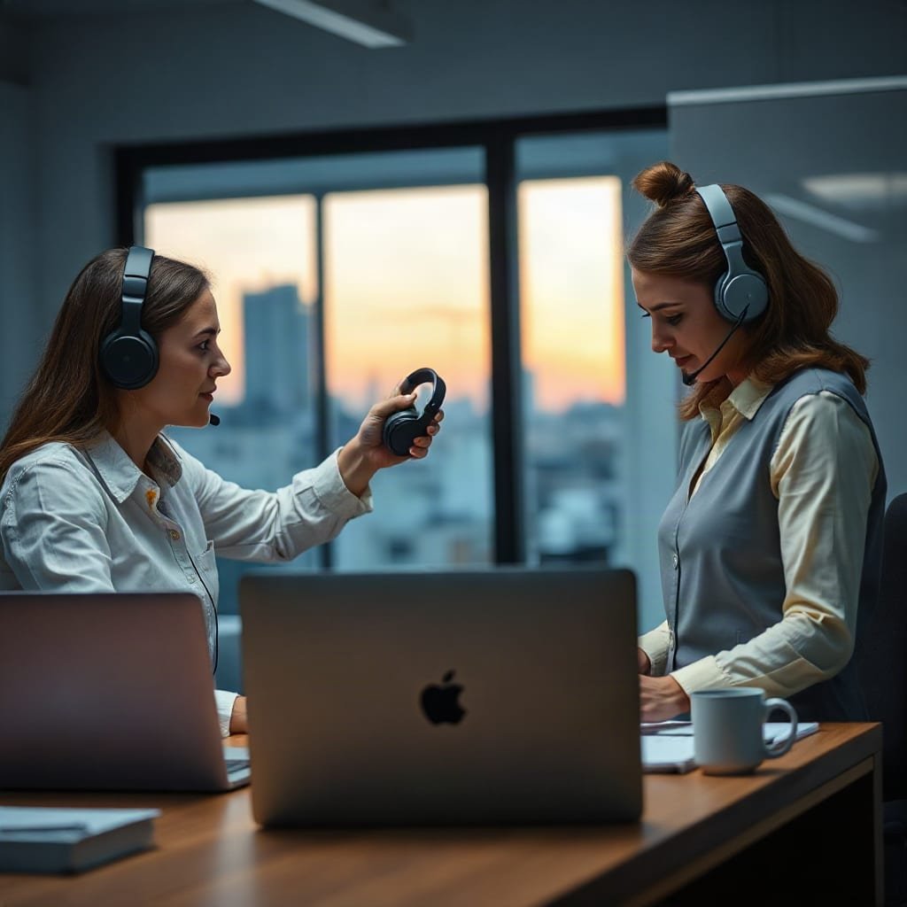 One support agent passes a headset to a colleague starting the evening shift, a closed laptop on the desk between them.