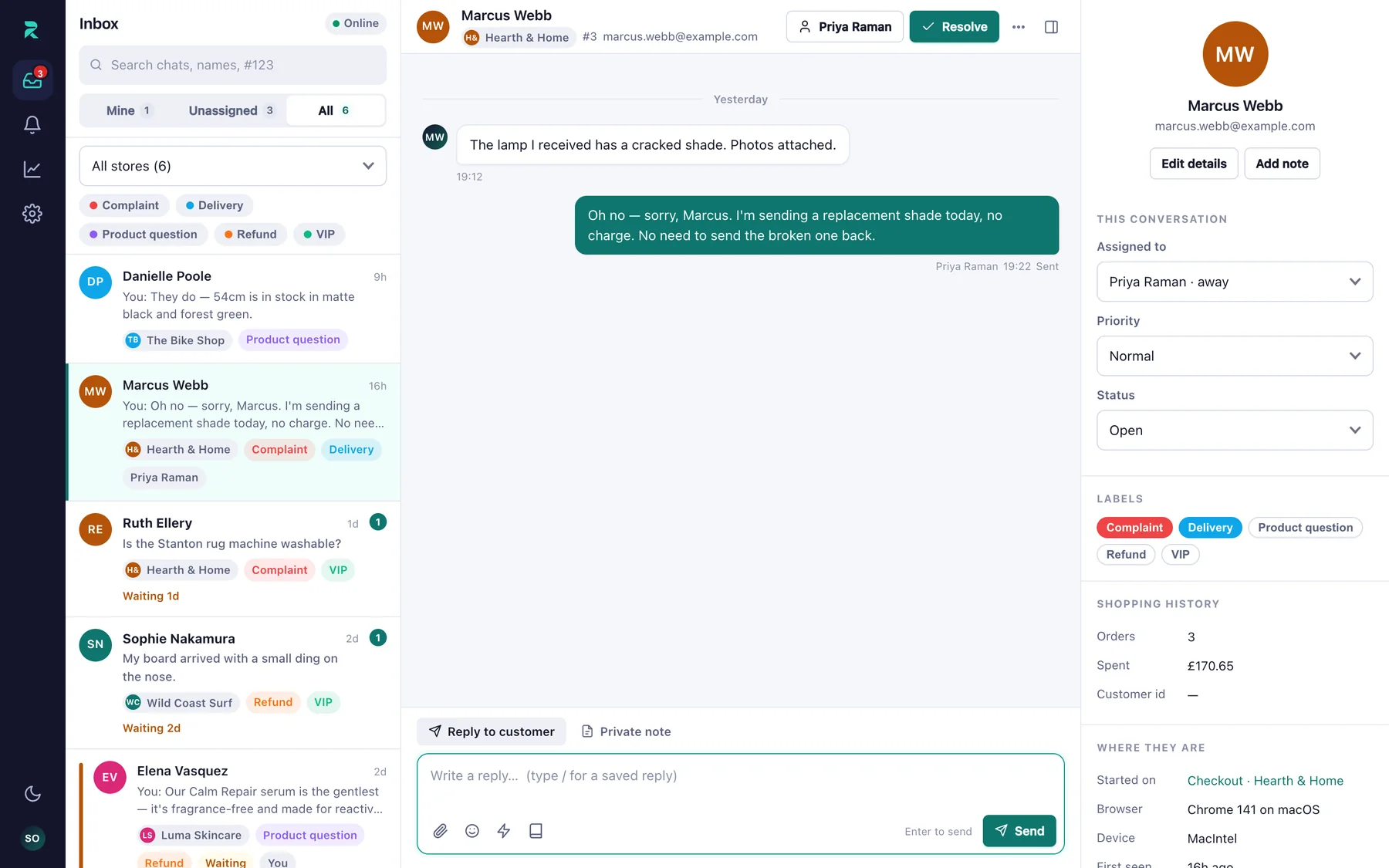 The ReplaChat inbox: chats from several shops in one list, an open conversation, and the customer's orders and spend beside it
