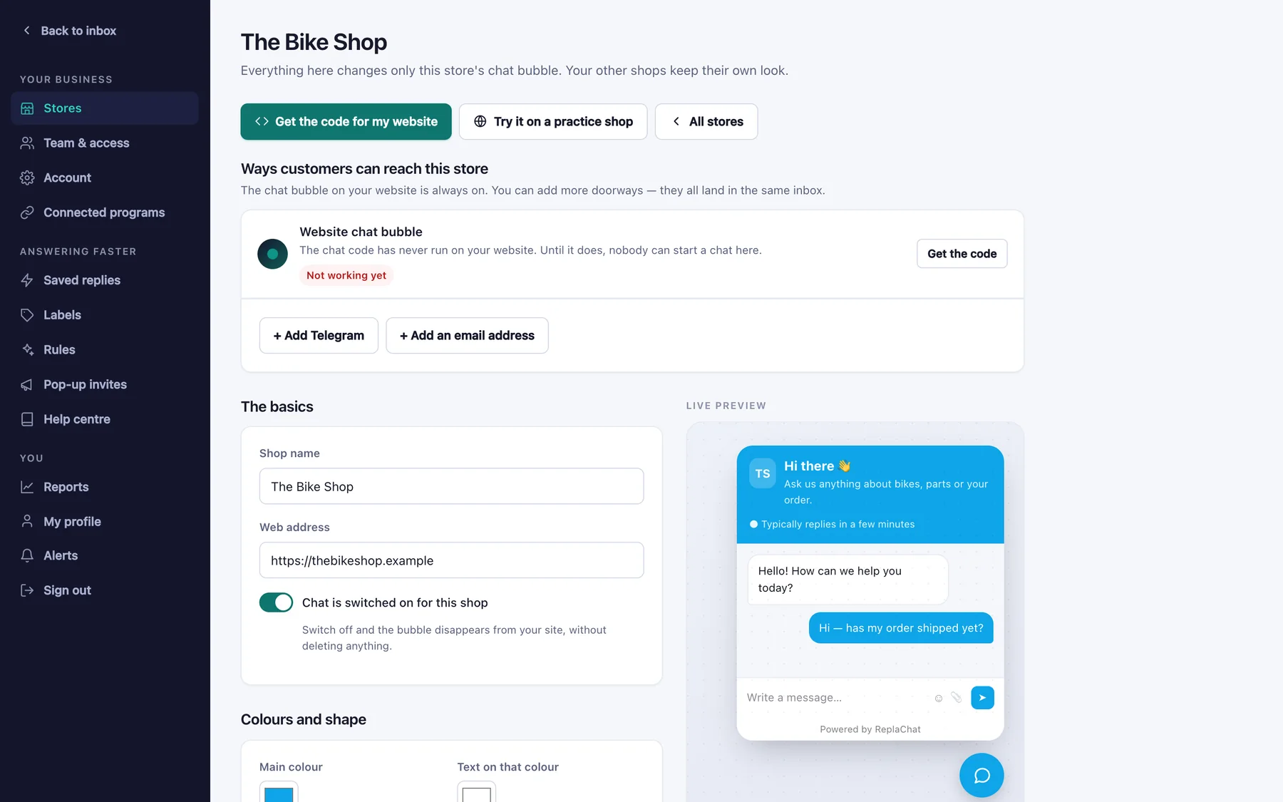 Customising one shop's chat bubble in ReplaChat, with a live preview beside the settings