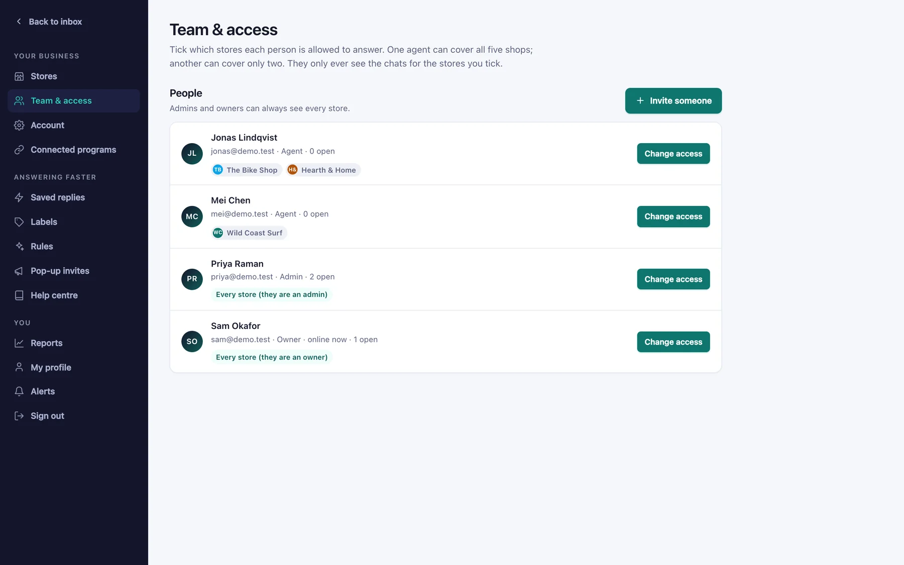 ReplaChat Team and access: each person ticked for the shops they may answer