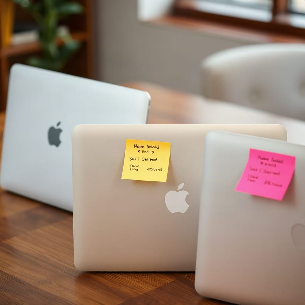 Three closed laptops are lined up on a table, each marked with a different colored sticky note.