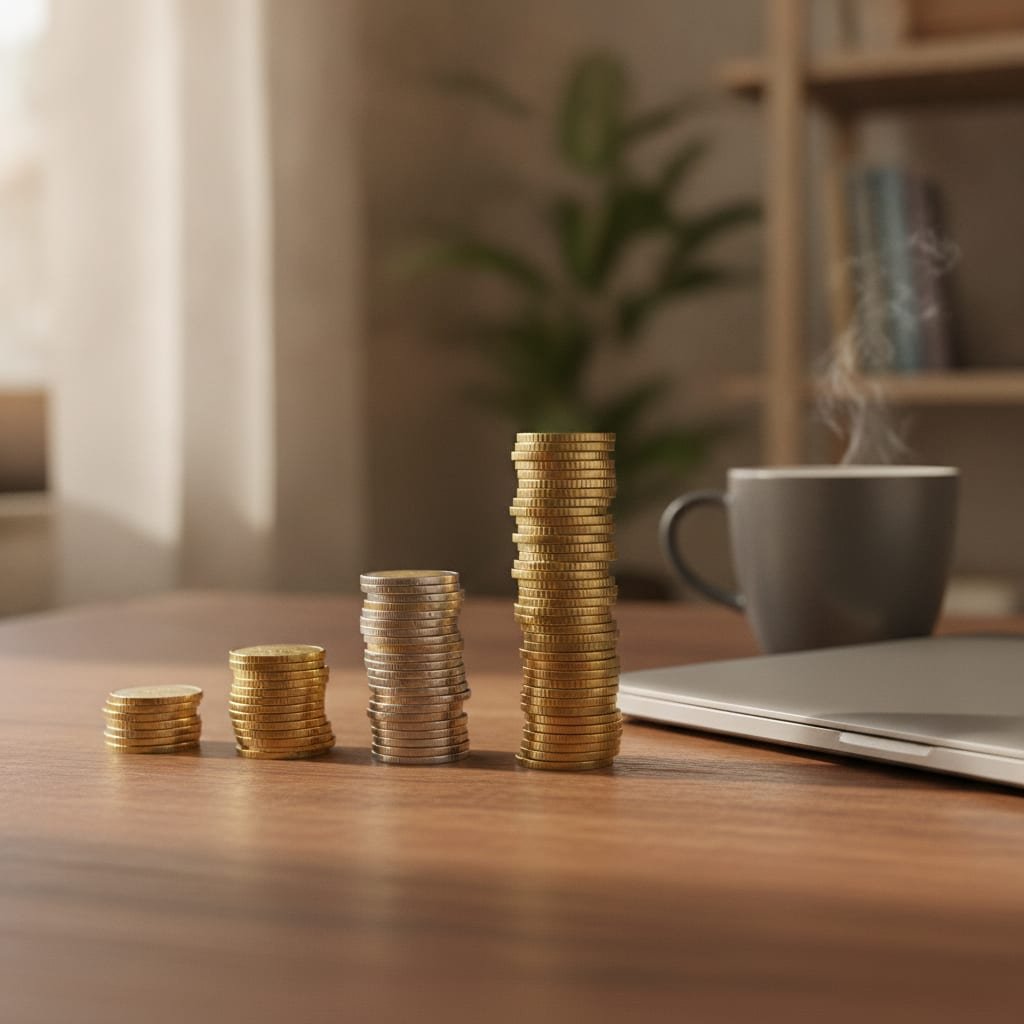 Three stacks of coins, each taller than the last, on a wooden desk next to a closed laptop and a coffee cup.