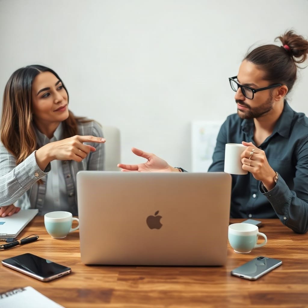 Two colleagues at a shared desk talk over an open laptop, one pointing and the other holding a coffee mug.