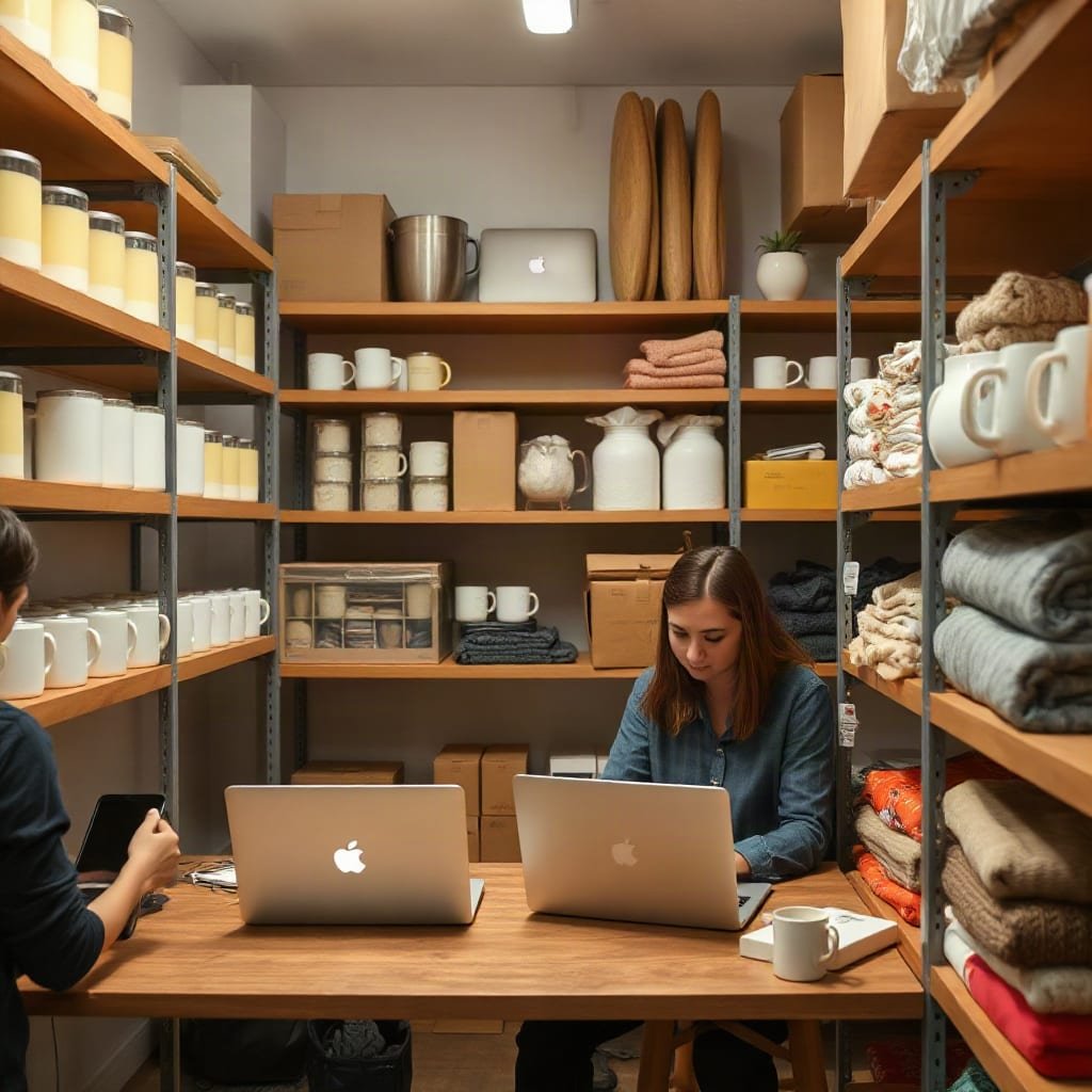 Two people sort products in a stockroom with separate shelves of candles, ceramic mugs, and knitted scarves.
